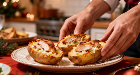 Traditional Family Cooking Moment With Chicken Filled Potato Boats