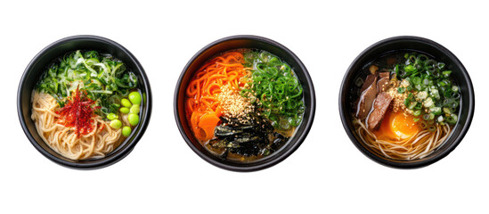 Three sets of Japanese winter soba meals with light broth and vegetables on transparent background