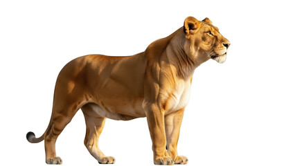 Obraz premium Isolated regal female lioness stands proudly in profile, demonstrating strength and grace