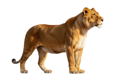 Isolated regal female lioness stands proudly in profile, demonstrating strength and grace