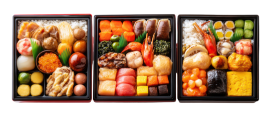 Three sets of New Year Japanese dishes with osechi-inspired variety on transparent background