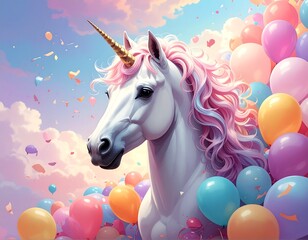 Whimsical unicorn against a cloudy sky with colorful balloons