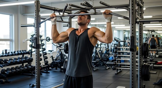 Man doing pull-ups in a gym.