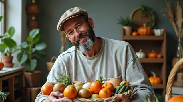 Happy caucasian man holding full basket with fresh harvest of fruit and vegetable for thanksgiving festival celebration.