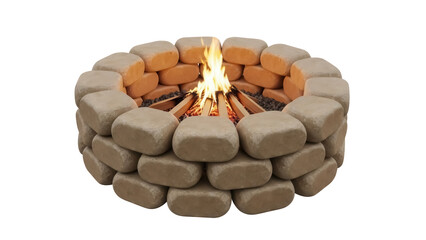 Isolated round fire pit design with natural stone texture in backyard for family gathering