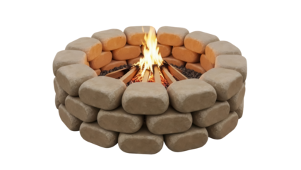 Isolated round fire pit design with natural stone texture in backyard for family gathering