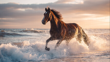 Brown horse galloping through shallow ocean waves during sunset with splashing water and flowing mane
