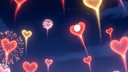 Glowing hearts floating with sparkles and fireworks in dark background for romantic celebration Ai HD 4K video.