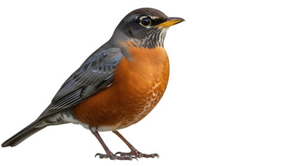 Isolated American Robin posing, standing proudly, chest puffed out, eye-level view