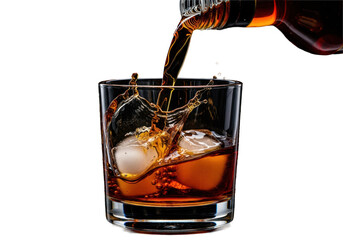 Extreme close-up of viscous mahogany amber rum pouring, creating a dramatic splash onto clear artisanal ice in a crystal rocks glass, black background. concept for premium spirit advertising