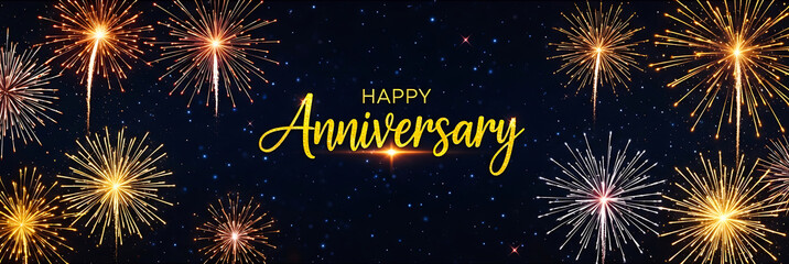 Happy Anniversary Web Banner with Sparkling Gold Text and Fireworks Background