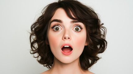 Surprised female portrait with black hair isolated on white background