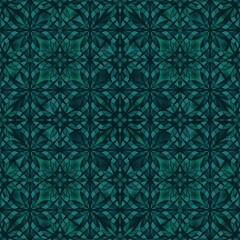 vector seamless pattern with snowflakes,black curves ,painted create to flower shape,leaves,stars,green background in geometric patterns as sarong,fabric,tile,printed fabric,batik,tablecloth patterns.