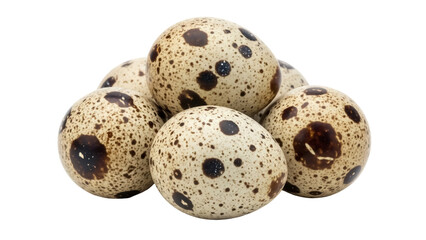 Isolated speckled quail eggs in a stack, beige with dark brown spots, gourmet delicacy
