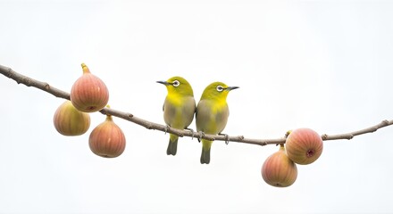 Two small yellow-breasted birds with distinct white eye-rings perch peacefully on a fruit-laden branch against a bright, soft background.