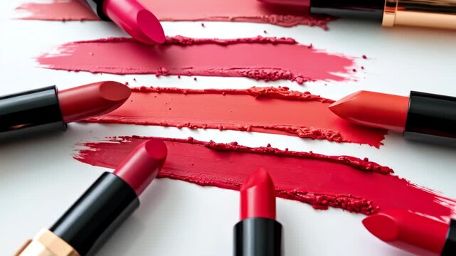 Various shades of red lipstick swatches on white surface. Beauty product testing concept with multiple lipsticks for makeup.