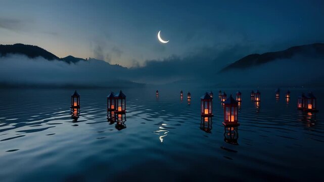 Ramadan lanterns floating on water under a crescent moon and misty mountains lake