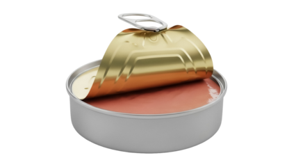 Isolated can of meat product with top half open shows filling, food preservation, studio shot