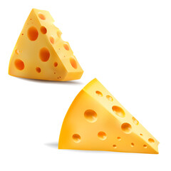 Set of realistic 3D vector cheese slices isolated on white background. 