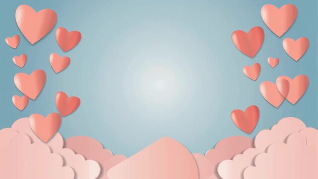 &ldquo;Romantic whimsical scene with glowing blue background, pink clouds, and floating red and pink hearts in symmetry&rdquo;