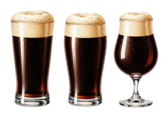 watercolor illustration of three glasses (pilsner, pint, tulip) filled with dark creamy stout beer and tan foam head, on a transparent background with copy space. concept for beverage advertising.