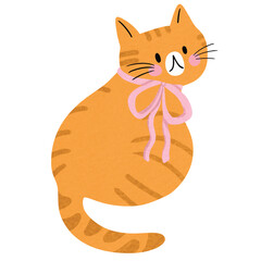 Illustration of Orange Tabby Cat with Pink Ribbon