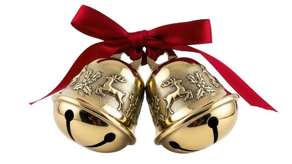 Isolated Gold Christmas bells, red bow, vintage ornament, holiday jingle decoration