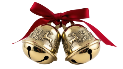 Isolated Gold Christmas bells, red bow, vintage ornament, holiday jingle decoration
