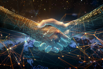 Digital business partnership concept with futuristic handshake and data-driven technology elements