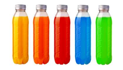 Variety of colorful plastic beverages on transparent background