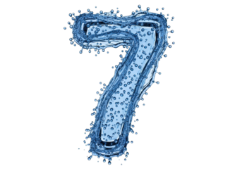 Hyper-detailed 3d numeral '7' hydrokinetically sculpted from luminous blue crystalline water, frozen mid-splash with droplets, isolated on white concept for pure hydration