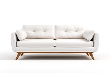 white couch sits on plain surface with wooden legs. couch has soft cushions and simple design. It is positioned in bright space with no other furniture around