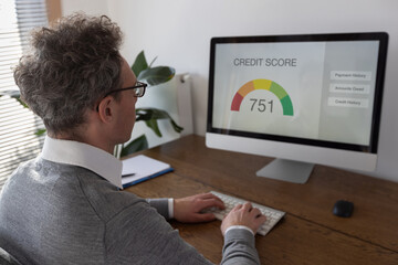 credit score concept on the screen of computer, man checking his credit score financial rating in bank