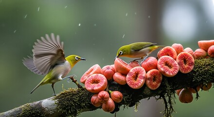 One white-eye bird with spread wings landing near another eating red figs on a damp, mossy branch.