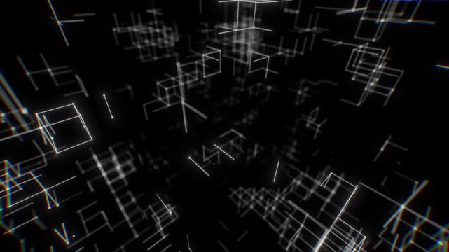 Exploding Abstract White Wireframe Cubes in Digital Depth. Looped 3D rendering