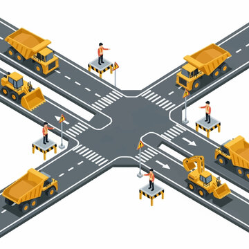 Isometric Road Intersection with Construction Vehicles and Workers.