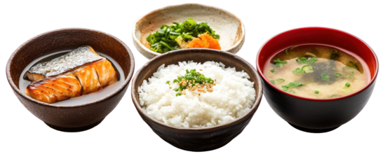 Three sets of healthy Japanese breakfast with rice, grilled fish, and vegetables on transparent background