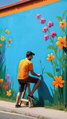 Vibrant artist creating a floral mural on a bright blue wall in a sunny outdoor setting