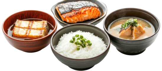 Three sets of healthy Japanese breakfast with rice, grilled fish, and vegetables on transparent background