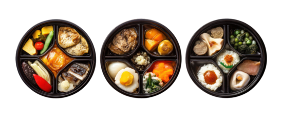 Three sets of healthy Japanese New Year meals with osechi-style dishes on transparent background