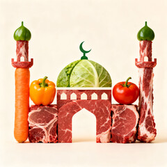 Colorful Food Based Mosque Icon For Festive Ramadan Design