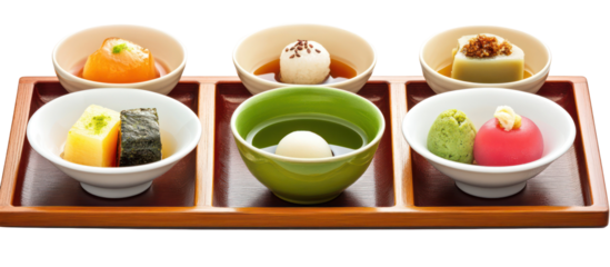 Three sets of healthy Japanese tea-time meals with green tea and light snacks on transparent background