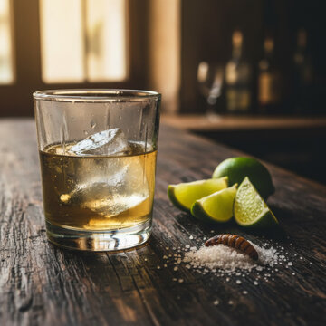 Traditional Tequila Shot with Lime Slices Salt and Agave Worm