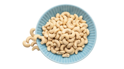 Isolated portion of organic cashews in blue bowl a ready-to-eat snack or garnish ingredient