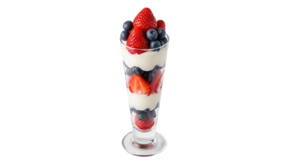 Isolated breakfast parfait with strawberries and blueberries, healthy dessert in glass
