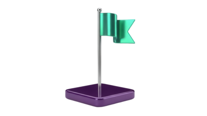 Isolated green glossy flag on purple pedestal, representing success and accomplishment