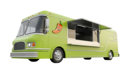 Isolated vibrant green food truck offering a mobile food service with a cute chili pepper logo