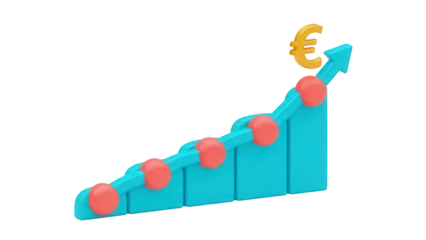 Isolated Euro currency symbol growing upward in a rising bar graph chart concept design