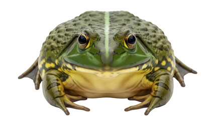 Isolated American bullfrog, huge aquatic amphibian in green and yellow against nothing