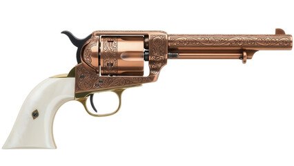 Isolated vintage engraved western six-shooter revolver on display, ivory handle, copper finish